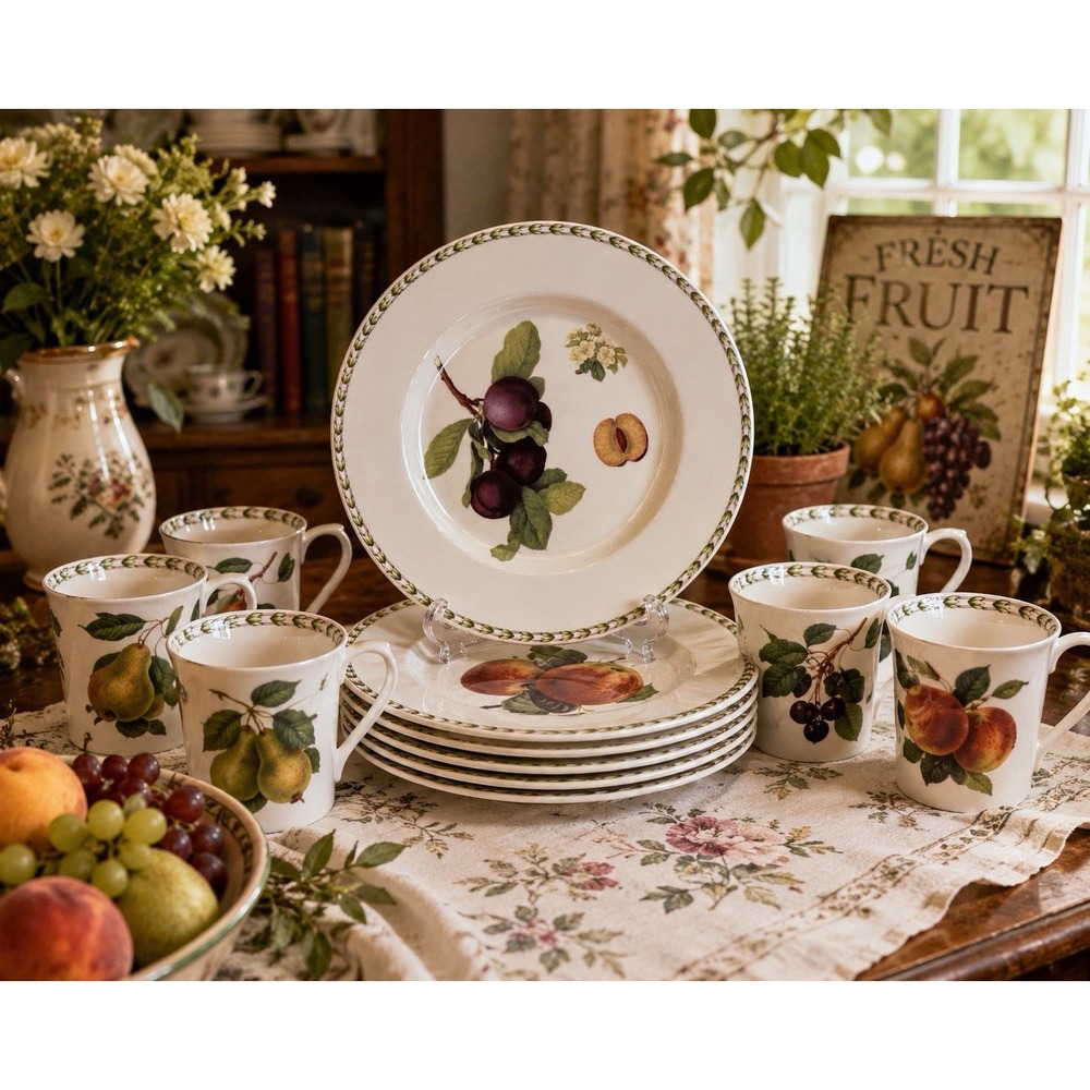 Queens Hooker’s Fruit Dinner Plates & Mugs Set of 12 Fine China Botanical Rosina